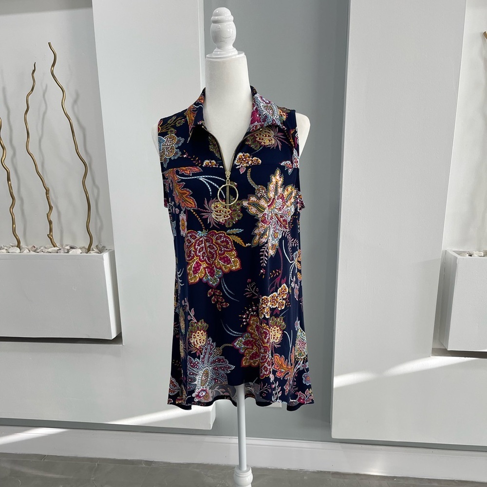 Navy Floral Sleeveless Blouse